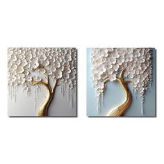 two paintings with white flowers on them and one has a gold tree in the middle