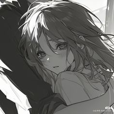 an anime character with long hair and blue eyes, leaning against a wall in black and white