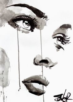 a drawing of a woman's face with black and white paint on the upper half of her face