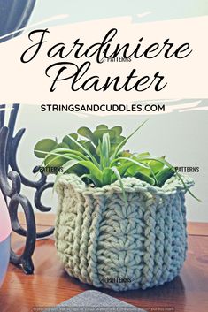 a crocheted planter sitting on top of a wooden table