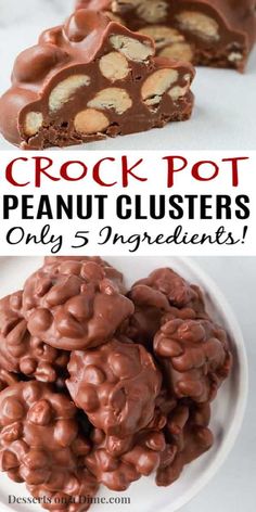 chocolate peanut clusters on a white plate with text overlay