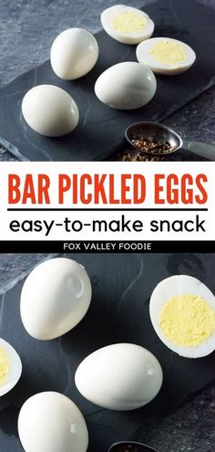 an egg tray with hard boiled eggs on it and the words bar pickled eggs easy - to - make snack