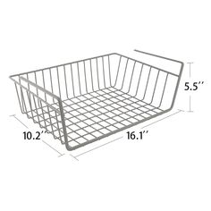 a wire basket is shown with measurements for the top and bottom sides, as well as the width