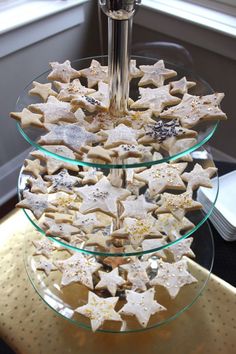 three tiered glass platter with star shaped cookies