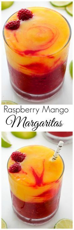 raspberry mango margarita in a glass with limes around it