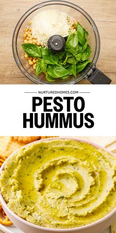 pesto hummus in a food processor with spinach and pita chips on the side