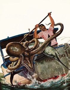 an octopus attacking a man on top of a boat in the ocean with a spear