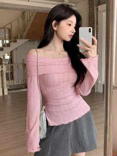 Pink Casual Collar Long Sleeve Fabric Plain  Embellished High Stretch Summer Women Clothing Off The Shoulder Pink Top, Off Shoulder Long Sleeve Top Outfit, Pink Off Shoulder Top Outfit, Pink Off Shoulder Top, Pink Shirt Outfit, Off The Shoulder Top Outfit, Shoulder Tops Outfit, Long Sleeve Top Outfit, Light Pink Shirt