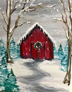 a painting of a snowy scene with a red barn and wreath on the front door