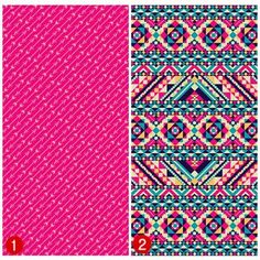 three different patterns in pink, blue and green with the number one on each side