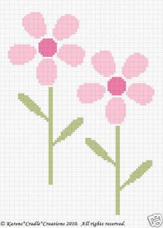 three pink flowers on a white background cross stitch pattern with green stems in the center