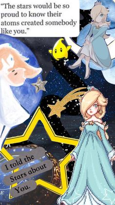 an image of some cartoon characters in the sky with stars and moon above them, as well as text