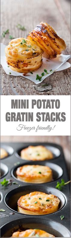 mini potato and gratine stacks in a muffin tin with text overlay