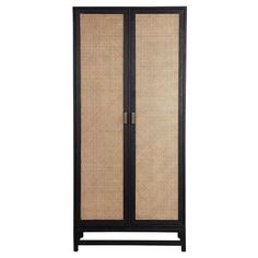 a tall black cabinet with wicker doors on the front and side panels, one door open