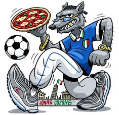 a cartoon wolf is running with a pizza on his foot and holding a soccer ball