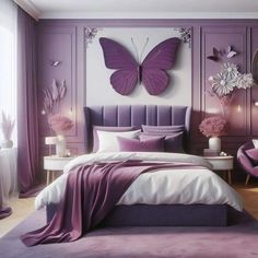 a bedroom decorated in purple and white with a butterfly on the wall above the bed