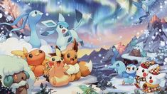 an image of pokemon in the snow with many other animals around him and on the ground