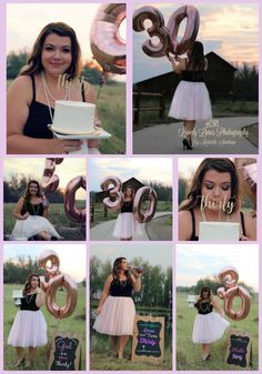 a collage of photos with balloons, cake and woman in white dress holding a sign