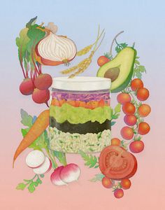 a painting of vegetables and food in a jar on a pink background with an illustration of tomatoes, onions, carrots, celery