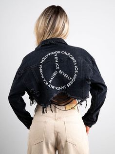 'PEACE' SOUTHERN CALIFORNIA BLACK DENIM JACKET!!!!!CHECK OUT ALL OUR DESIGNS GET A CLOSET FULL OF HIPPIEVIBETRIBE "let's get some fun things planned!!! !Let me DRESS you for a fun PARTY or a BRUNCH, or a night out with your MAN!!! FREE GIFT #hippievibetribe #love #womenslothing #malibu #hollywood Edgy Cotton Denim Jacket For Spring, Edgy Cotton Denim Jacket With Relaxed Fit, Trendy Distressed Cotton Denim Jacket, Dark Wash Cotton Cropped Jacket For Spring, Distressed Cropped Cotton Denim Jacket, Ripped Cotton Denim Jacket For Streetwear, Trendy Embroidered Denim Jacket For Streetwear, Cotton Denim Jacket With Frayed Hem For Streetwear, Edgy Ripped Cotton Denim Jacket