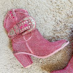 Used Once. Good Condition But A Few Rhinestones Fell Off. You Can’t Really Tell Unless You Look Very Closely. Pink Synthetic Upper Rubber Sole 3" Heel Size 7m Belt Removable Covered In Pink Rhinestones Beautiful Shoes! You Will Get Lots Of Compliments Pink Embellished High Heel Boots, Embellished Pink High Heel Boots, Embellished Pink Boots For Evening, Embellished Pink Evening Boots, Luxury Round Toe Boots With Bling, Luxury Pink Party Boots, Rhinestone Boots, Dolls Kill Shoes, Pink Rhinestones