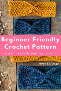 two crocheted headbands with the text, beginner friendly crochet pattern