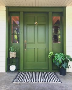 a green front door with two potted plants on the side and a black and white rug