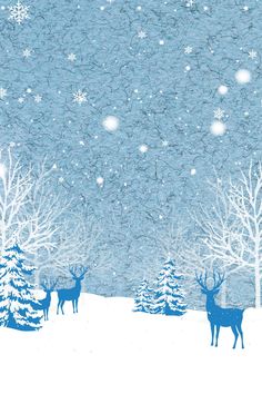 two deer standing next to each other in front of snow covered trees and evergreens