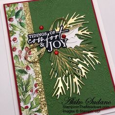 a close up of a christmas card with pine cones and holly leaves on it,