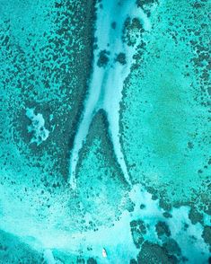 an aerial view of a person swimming in the ocean with blue water and green sand