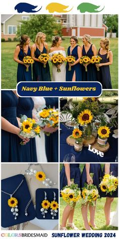 a collage of photos with sunflowers and bridesmaid