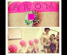 two pictures, one with the word prom written on it and another with pink pom - poms