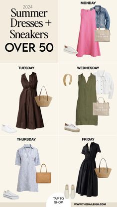 Summer Dresses Over 50, Sneakers and Dress Outfit Ideas Summer Dresses Over 50, Sneakers And Dress Outfit, Wardrobe Over 50, Dresses Over 50, Sneakers And Dress, Grown Style, Closet Capsule, Midlife Fashion