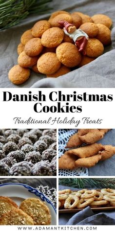 danish christmas cookies with holiday treats in the background and text overlay that reads, danish christmas cookies traditional holiday treats