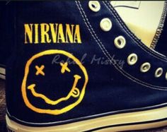 Nirvana converse Emo Designs, Dressed To The Nines, Nirvana, Converse High Top Sneaker, Converse Chuck Taylor High Top Sneaker, Converse Shoes, Vans Shoes, Vans Sneaker, High Top Sneakers