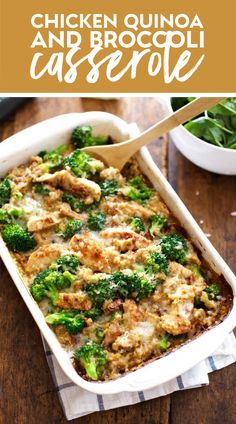 a casserole dish with broccoli and meat in it on a wooden table