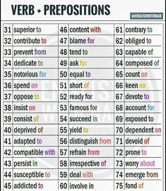 a table that has some words and numbers on it, including the word verb prepositions