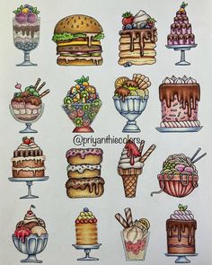 a drawing of different cakes and desserts