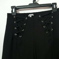 Charlotte Russe  Black Slacks Pants Criss Cross Grommet Design wide legs size S Please see all photos for more details!!! Bin#3 Stretch Bottoms For Night Out, Slacks Pants, Slack Pants, Black Slacks, Wide Legs, Charlotte Russe, Criss Cross, Wide Leg, Mini Skirts