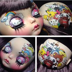 the doll has been painted with many different designs on it's face and eyes