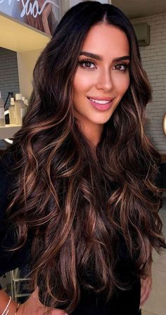 Strawberry Blonde Balyage, Highlights For Black Hair, Straight Hair Highlights, Black Hair Inspiration