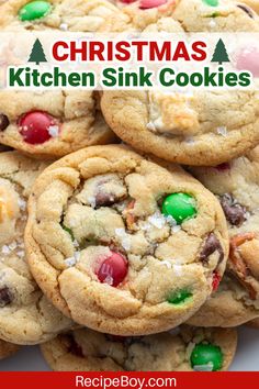 a pile of christmas cookies on top of each other with the words, christmas kitchen sink cookies