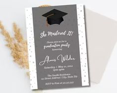 a graduation party card with a mortar cap on it and silver confetti around the edges