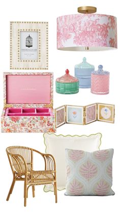 a collage of pink, blue and green items including a lamp, chair, mirror, tablecloth