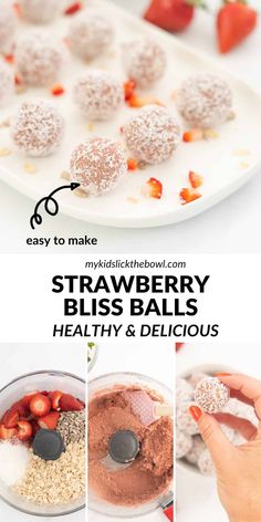 strawberry bliss balls with powdered sugar and strawberries in the background, on a white plate