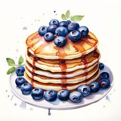 a painting of pancakes and blueberries on a plate with syrup drizzled over them