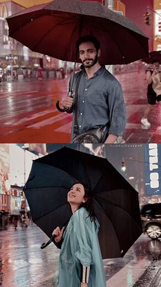 two people are standing in the rain with umbrellas and one is holding an umbrella