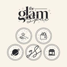 the glam spa logo is shown in black and white, with four different symbols