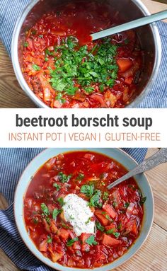 two bowls of beef and vegetable soup on top of a wooden table with spoons