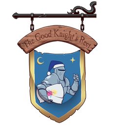 the good knight's rest sign hanging on a chain with a wooden plaque above it